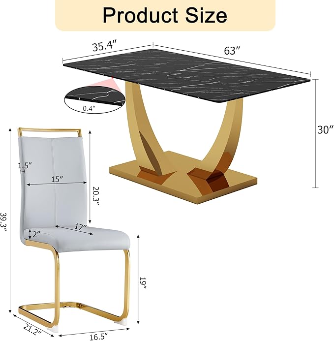 63” Dining Room Table Set for 6,Gold Rectangle Kitchen Table Set with PU Leather Chairs,Black Faux Marble Tempered Glass Top and Golden Base