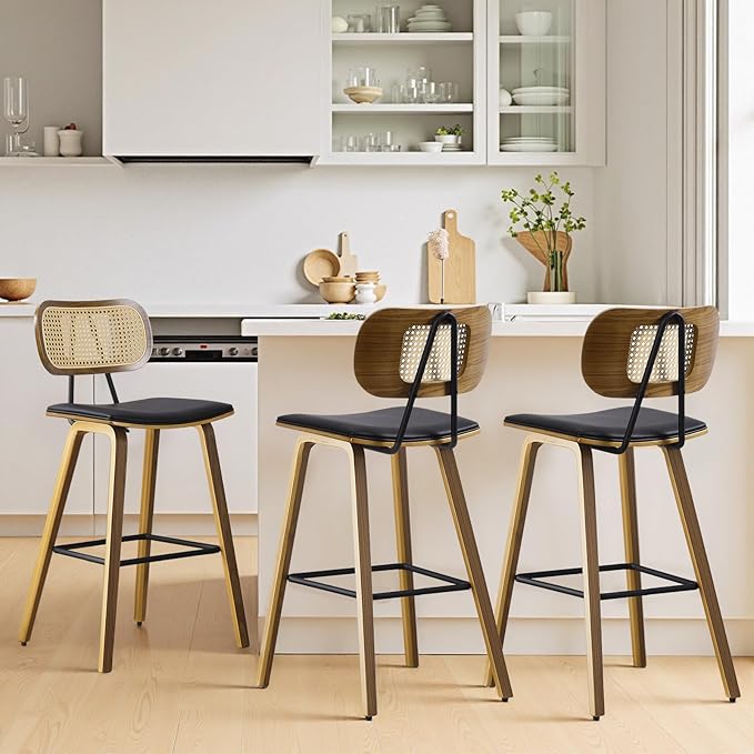 Counter Height Bar Stools Set of 4, Mid Century Modern Counter Stools, 26" Wood Kitchen Stool PU Leather Upholstered Barstool with Rattan Back, Counter Height Island Dining Bar Chair, Black