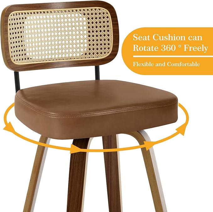 Swivel Bar Stools Set of 4, Upholstered Faux Leather Barstools with Rattan Back, 29" Seat Height Bar Chairs for Kitchen Island, Bentwood Wood Frame, Brown