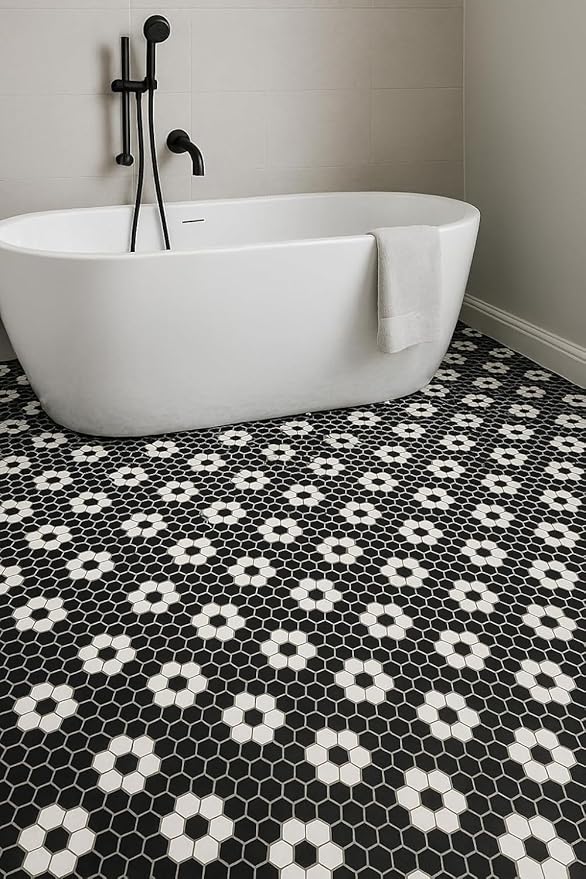 Tenedos Hexagon Glossy Black and White Flower Porcelain Mosaic Tile – Kitchen Backsplash, Bathroom Wall & Shower Floor Tile (5 Sheets)