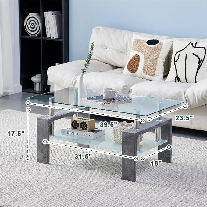 Living Room Rectangle Coffee Table, Tea Table Suitable for Waiting Room, Modern Side Coffee Table with Wooden Leg, Glass Tabletop with Lower Shelf,Grey Marble