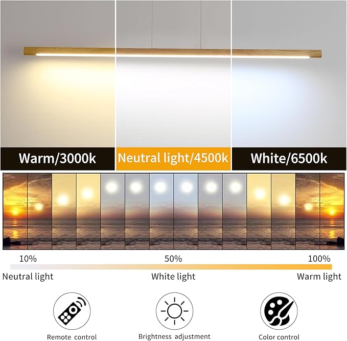 Wooden Linear Pendant Light, 47" Dimmable Pool Table Island Lights for Kitchen, LED Ceiling Pendant Lamp for Dining Room Billiard Room, Adjustable Height，Natural Ash