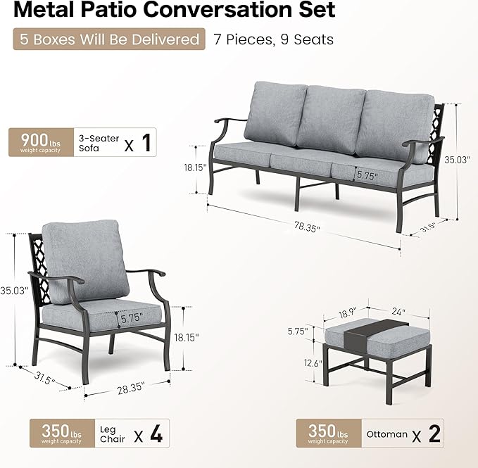 7 Piece Metal Outdoor Patio Furniture Set, Patio Conversation Sets 1 3-seater Sofa, 4 Fixed Chair, 2 Ottomans with 5.75" Thick Cushion, Black All-weather Frame Backyard Furniture, Gray