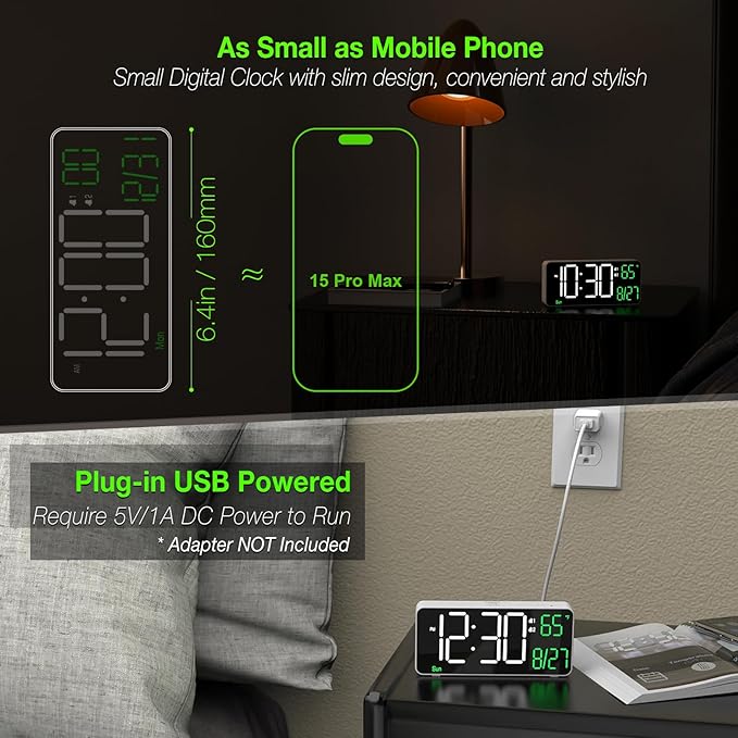 KOSUMOSU Digital Alarm Clock,6.7in Small Digital Clock for Bedroom,Auto Dimming,Date,Week,Seconds or Indoor Temperature,LED Desk Clocks for Living Room, Alarm Clocks for Bedrooms
