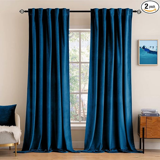 MIULEE Blue Velvet Curtains 90 inches 2 Panels - Luxury Room Darkening Curtains for Bedroom Living Room Thermal Insulated Super Soft Window Drapes Rod Pocket & Back Tab, Peacock Blue
