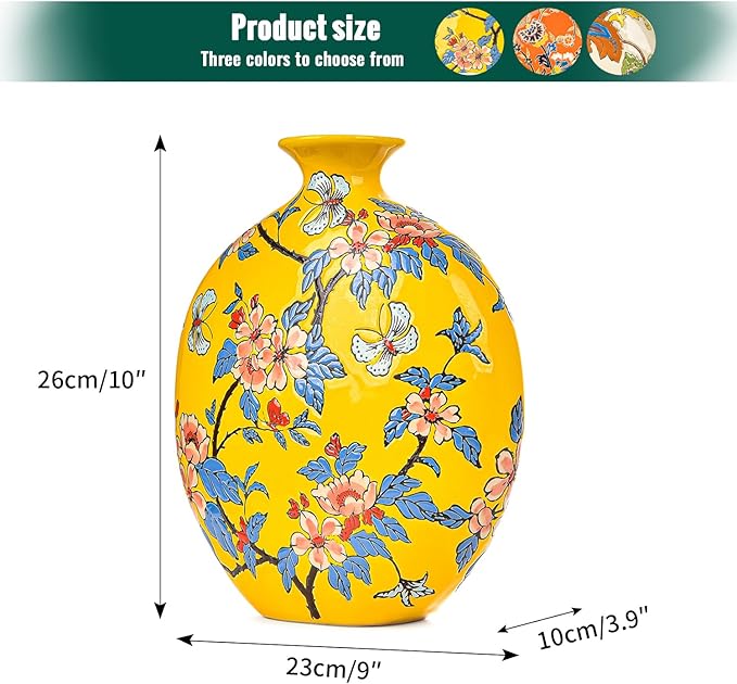 Sungmor High-Class Enamel Painted Porcelain Vase, Traditional Hand-Carved Overglaze Color Ceramic Vase for Fresh Flowers Dried Plants Arrangement, Decorative Vase for Centerpieces, Shelf, Living Room