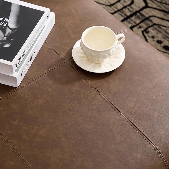 Large Square Coffee Table with Storage,Modern Faux Leather Ottoman Coffee Table,Luxury Upholstered Couch Table for Living Room/Sofa/Bedroom,Brown