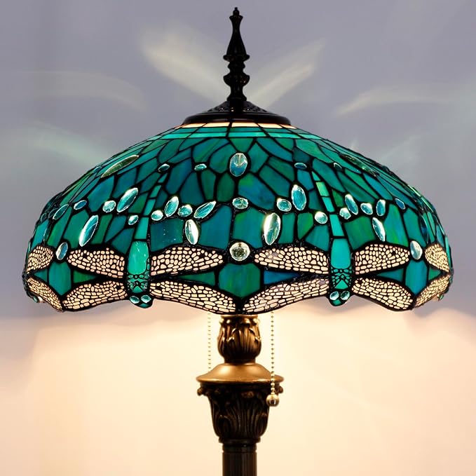 WERFACTORY Tiffany Floor Lamp Dragonfly Green Stained Glass Standing Reading Light 16X16X64 Inches Antique Pole Corner Lamp Decor Bedroom Living Room Home Office S622 Series