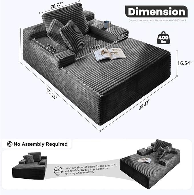 67" Oversized Chaise Lounge Chair Indoor, Cloud Couches for Living Room, Corduroy Sleeper Sofa Bed, No Assembly Required, Deep Seat Lounge Chair with Pillows Gray