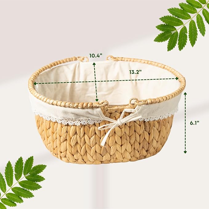 Wicker Basket with Handles and Lining, Handwoven Water Hyacinth Picnic Hamper, Oval Basket for Camping, Outdoor, Fruit, Wine, Thanksgiving day, Birthday, Easter, Gift, Home Decor