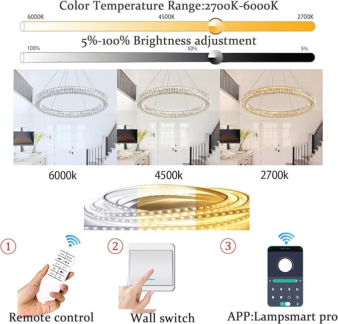 Modern Large 47.5" Ring Crystal Chandelier Dimmable LED Ring Pendant Light Adjustable Chrome Round Crystal Chandelier for Dining Room Living Room