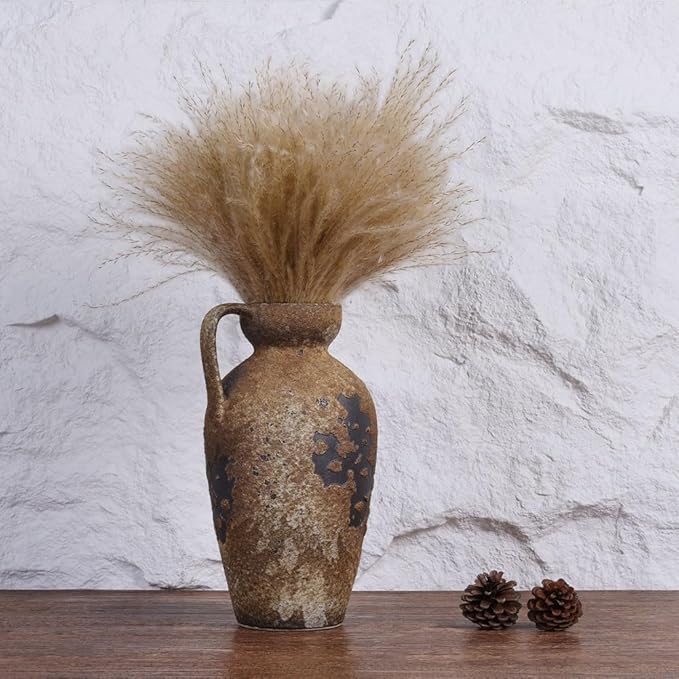 Wabi Sabi Decor Vintage Terracotta Vase with Handles, Rustic Ceramic Farmhouse Vase for Home Decor, Large Antique Vases, Ideal for Centerpieces, Tall Rustic Vases for Dried Flowers, Clay Home Decor