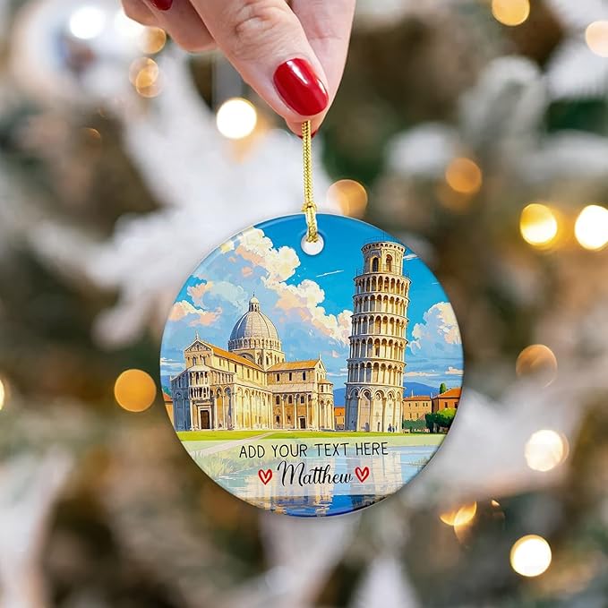 Leaning Tower of Pisa Italy Ceramic Christmas Ornament 2025, Personalized Pisa Italy Landscape Ornament for Xmas Tree, Custom Text/Name Italian Vacation Keepsake Ornaments Gift for Family Friends