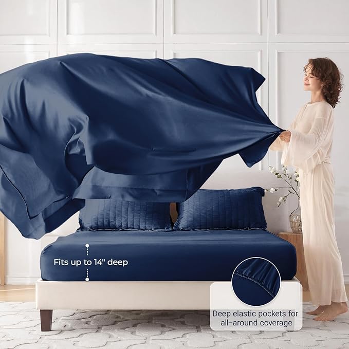 MUXHOMO 7 Pieces Queen Comforter Set, Seersucker Bed in a Bag Queen Size, All Season Luxury Bedding Set with Comforter, Flat Sheet, Fitted Sheet, Pillowcases & Shams, Navy Blue