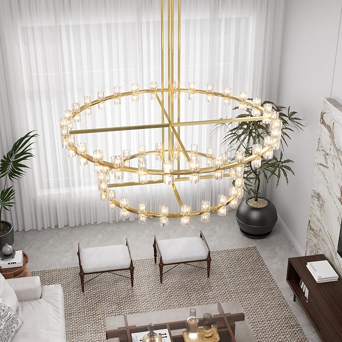 D48''+D60'' Gold Wagon Wheel Chandeliers 108-Lights Gold Round Chandelier Glass Chandeliers for Dining Room,Living Room Vintage Chandelier