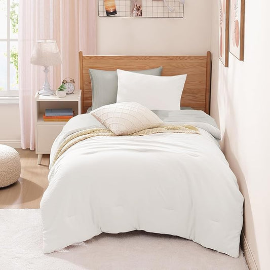 WRENSONGE Twin Comforter Set- 5 Pieces White Twin Bed in a Bag, All Season Twin XL Bedding Sets with 1 Fitted Sheet, 1 Flat Sheet, 1 Pillow Sham and 1 Pillowcase