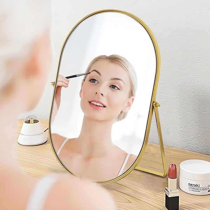 Vanity Desk Table Mirror Oval Makeup Mirror 90°Adjustable Rotation Golden Metal Framed Standing Mirrors Room Decor for Living Room,Bedroom,Tabletop,Bathroom
