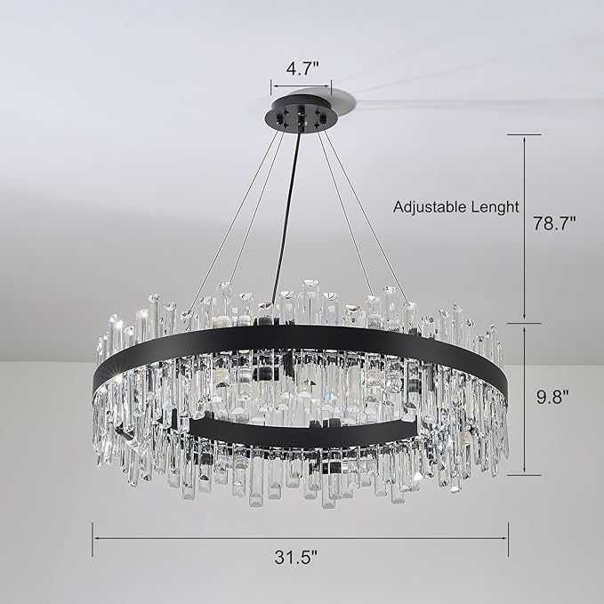 Round Crystal Chandeliers, D31.5 inch 16-Light Black Chandelier Lighting Fixture, Height Adjustable Pendant Ceiling Light for Living Room Dining Room Bedroom
