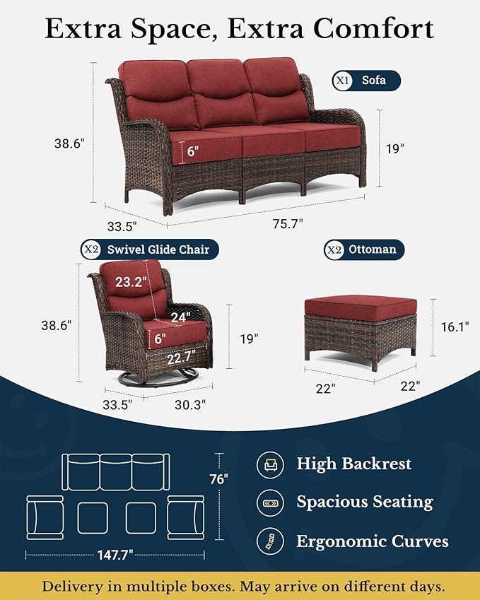 HILLGA Luxury High Back Patio Furniture Set with 6-Inch Thick Cushion, 5-Piece Outdoor Conversation Set with Sofa, Swivel Rocker Chairs & Ottomans, Ideal for Porch Pool Deck Yard (Burgundy)