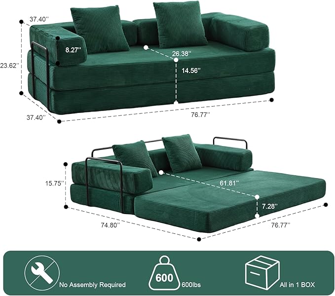 Convertible Folding Mattress Couch, Floor Sofa Bed with Fixed-Shape Frame, Corduroy Floor Sofa with Armrest, Floor Sofa Lounge Couch for Living Room Bedroom Lounge Studio-Emerald Green