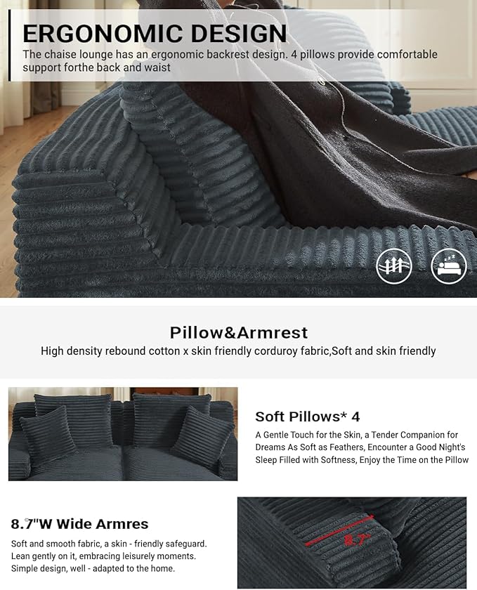 Oversized Double Chaise Lounge, Corduroy Boneless Couch, Modern Oversized Chaise Lounge, Upholstered Sleeper Sectional Sofa Daybed with Throw Pillows and Armrest for Living Room, Dark Grey