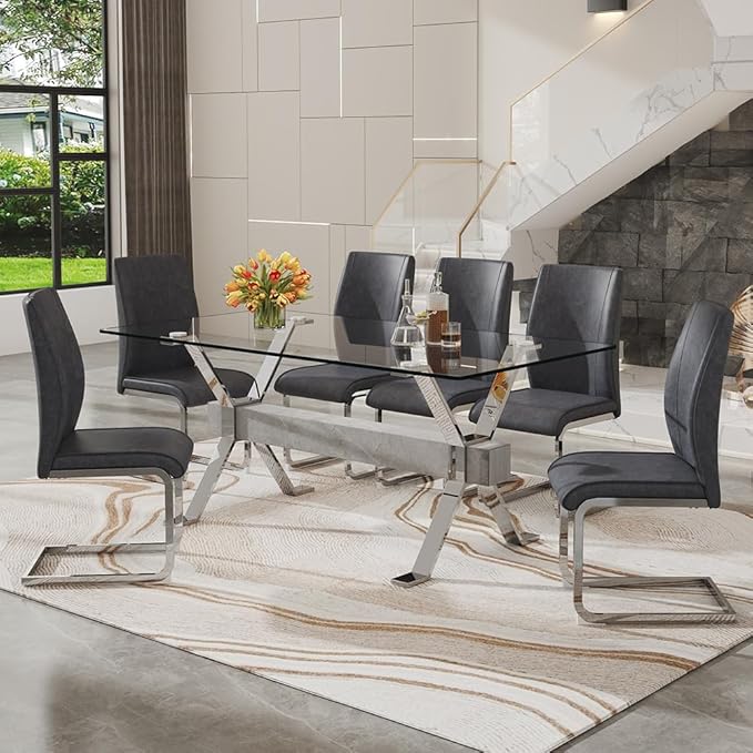 71'' Glass Dining Table Set for 6,7 Piece Dining Table Set with Tempered Glass Tabletop and Open‑Frame X‑Shaped Metal Base,Kitchen Table and Chairs Ideal for Dining Room&Home Office