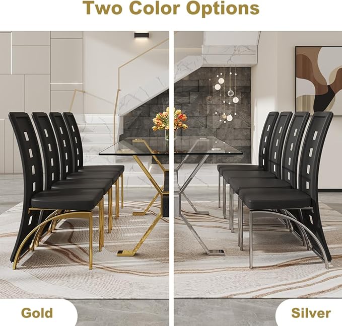 71'' Glass Dining Table Set for 8,9 Piece Dining Table Set with Open‑Frame X‑Shaped Golden Metal Base,Gold Kitchen Table and Chairs Ideal for Dining Room&Home Office