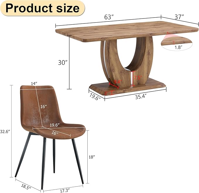 Wooden Dining Table Set for 6, 63" Rectangular Kitchen Table with Upholstered Chairs, Modern Dining Room Furniture with Faux Leather Seating and Sturdy Metal Legs, Brown Farmhouse Table Set
