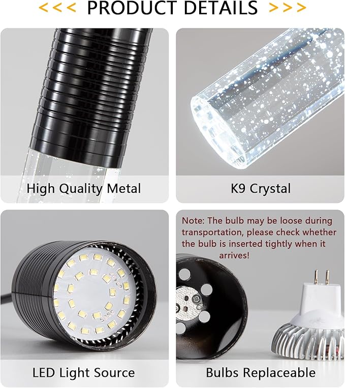 3-Lights Pendants Light for Kitchen Island Chandeliers Dining Room Pendant Lighting Fixture Bubble Crystal Ceiling Hanging Lights Bedroom Island Kitchen 6000K White Light Fixtures Black