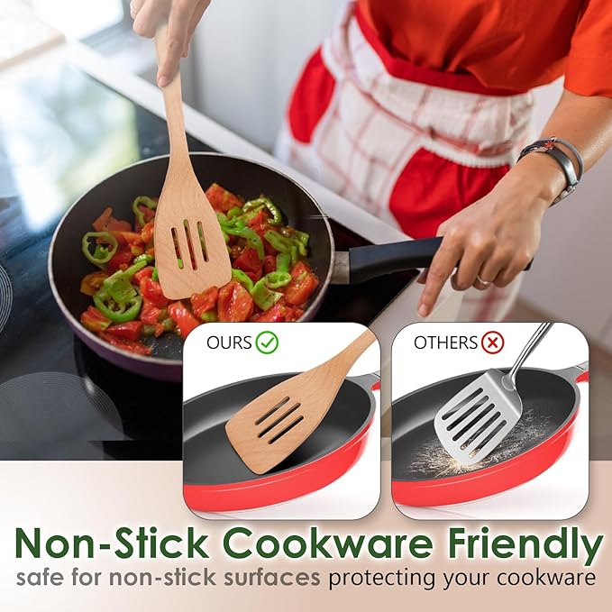 Kitchen 8-Piece Beech Wood Kitchen Utensil Set – Wooden Cooking Spoons with Spatula, Skimmer, Pasta Scoop & Turner, Durable Wooden Cooking Tools Safe for Nonstick Cookware by Howhong