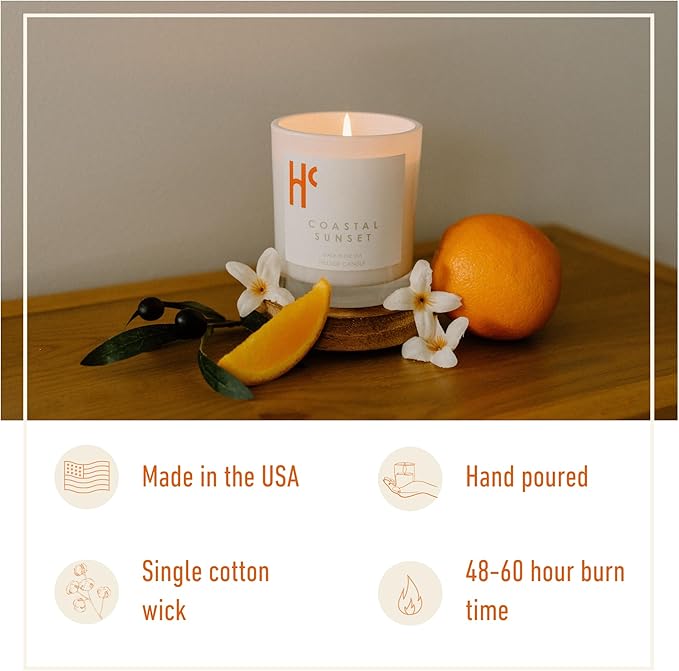 Coastal Sunset Single Wick Soy Candles, Luxury Scented Candles for Home - Up to 60 Hour Burn Time, Cruelty-Free Soy Wax Blend - Bergamot Fragrance, Notes of Pomelo & Orange (9 oz)