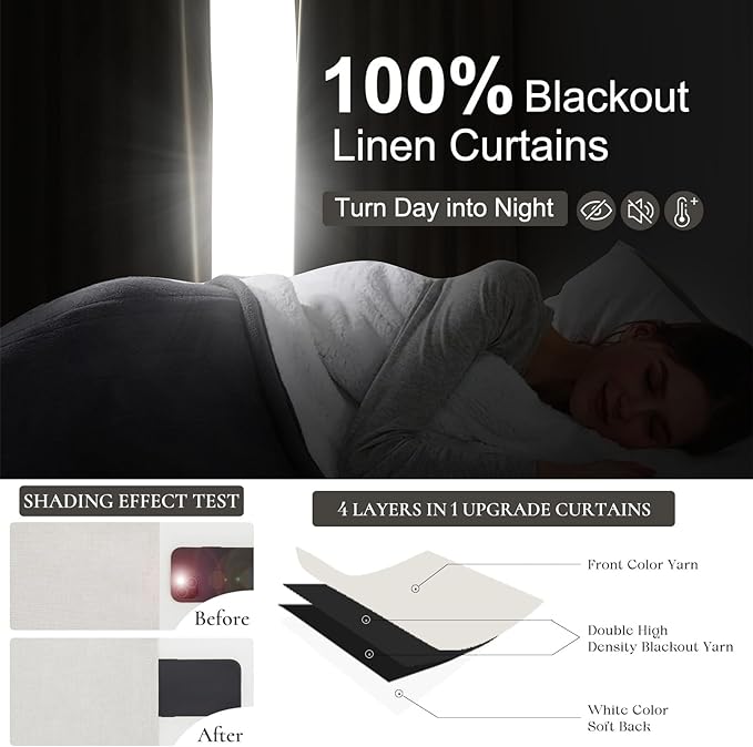 Living Room Darkening Curtains 72 Inches Long, Linen Blackout 6 ft Length 2 Panels Set Cute Black Out Window Drapes for Bedroom Insulated Thermal Curtain for Summer Heat Cream White (Pinch Pleated)