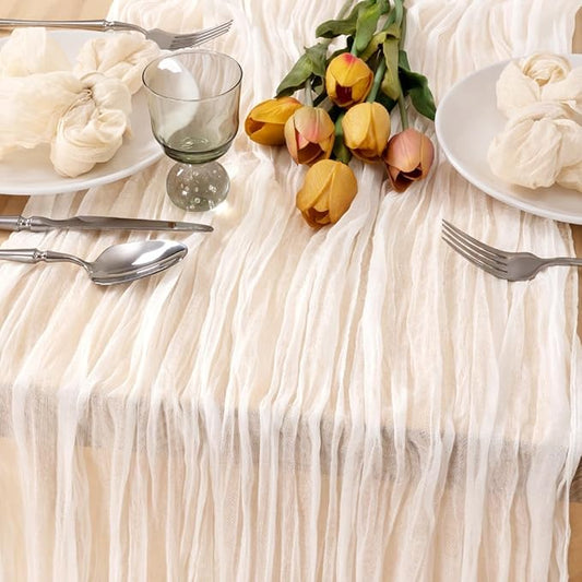 MLMC Ivory White Table Runner Rustic Gauze Cheesecloth Table Runner 10ft Fall Cheese Cloth Centerpiece Decor 35x120 Inches for Dessert Anniversary Wedding Bridal Baby Shower Decor