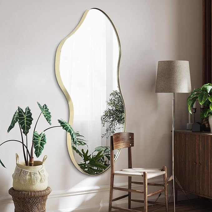 Irregular Wall Mirror, 46"x26" Asymmetrical Mirrors with Gold Metal Frame, Waved Shaped Decorative Mirrors for Living Room Bathroom Bedroom Hallway Entryway Fireplace
