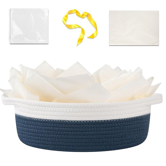 OIAHOMY Gift Basket Empty with Handle, 12"x 8"x 5" Small Woven Basket with Gift Bag, Ribbon and Wrap Tissue Paper, Dog Toy Storage for Organizing - Blue & White