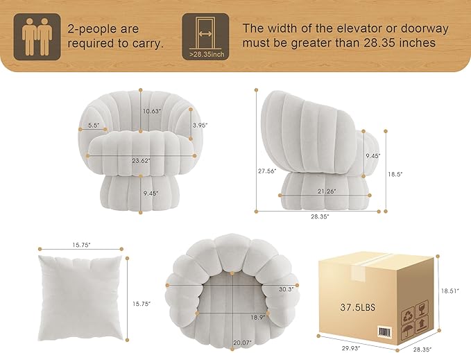 Mid Century Modern 360 Degree Barrel Swivel Accent Sofa Chair,Fluffy Velvet Fabric Lounge Wide Upholstered Pumpkin Reading Chair, Round Cloud Armchair for Living Room,Bedroom,Vanity(Beige)