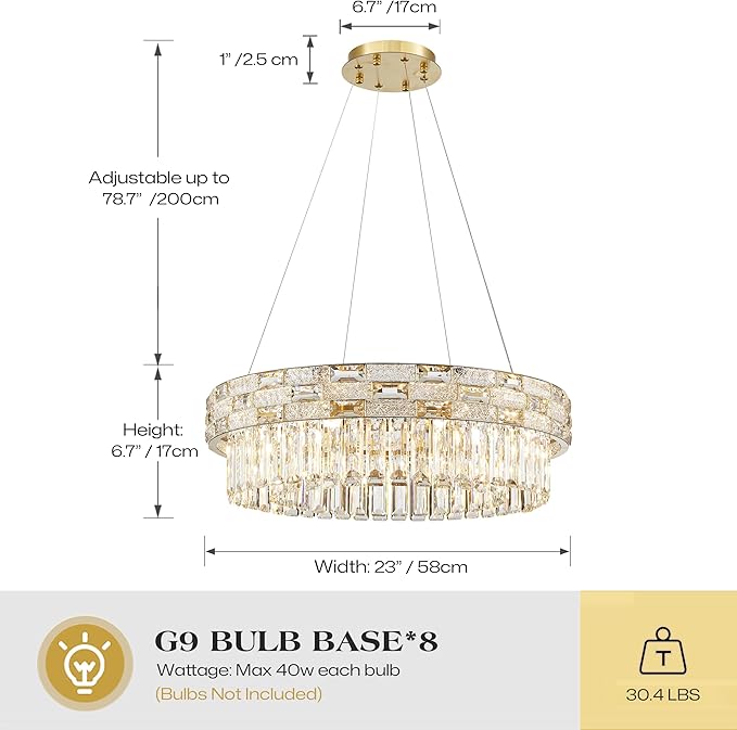 Morden Crystal Chandeliers for Dining Room 8 Lights Gold Chandelier Round Crystal Chandelier Pendant Light Fixture Kitchen Island Entryway Living Room 23" D x 8.7" H