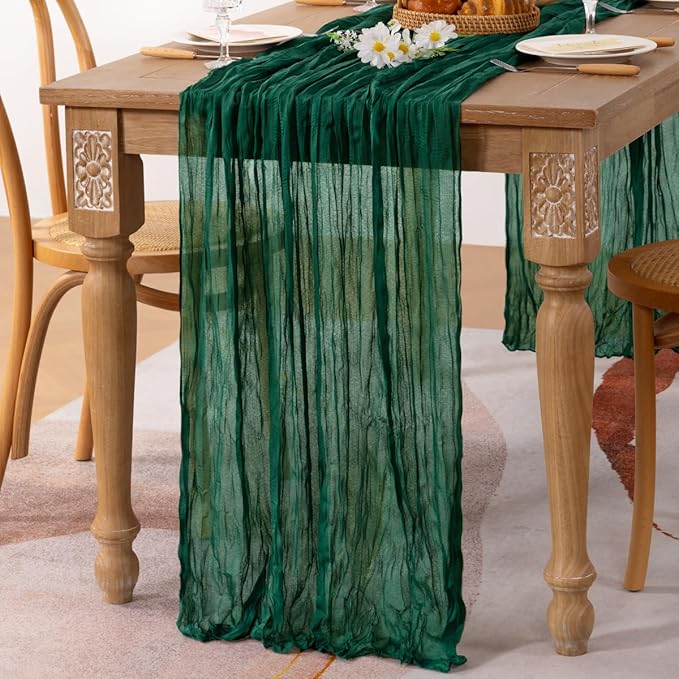 MLMC Emerald Green Cheesecloth Table Runner Boho Dark Green Cheese Cloth Table Runner 13.3ft Sheer Gauze Cheesecloth Fall Table Decorations for Home Party Christmas Fall Decor