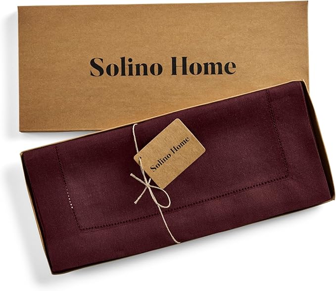 Solino Home Linen Table Runner 36 Inches - 100% Pure Linen Burgundy Hemstitch Table Runner 14 x 36 Inch Ideal for Dresser and Coffee Tables - Fall, Autumn, Thanksgiving, Holiday - Classic Hemstitch