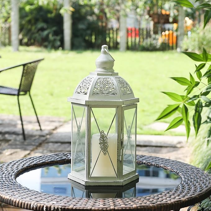 DECORKEY Lantern Decorative Indoor & Outdoor, 14.5'' Candle Lantern Farmhouse Home Decor, Hexagon Vintage Hanging Metal Candle Holder for Front Porch Shelf Patio Wedding Party, Christmas Decorations