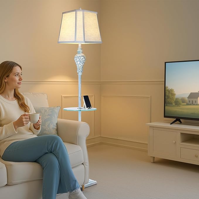 Vintage Floor Lamp with Night Light and Glass Tray, 65" High Retro Standing Lamp with Washed Blue Finish and White Linen Shade, Farmhouse Tall Lamp Decor for Living Room Bedroom House (Bulb Included)