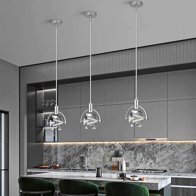 Pendant Ceiling Light Fixture for Kitchen Island, Modern Mini Integrated LED Hanging Light, Crystal Pendant Light in Chrome, Bedroom, Dining Room, Bar (1-Lights)