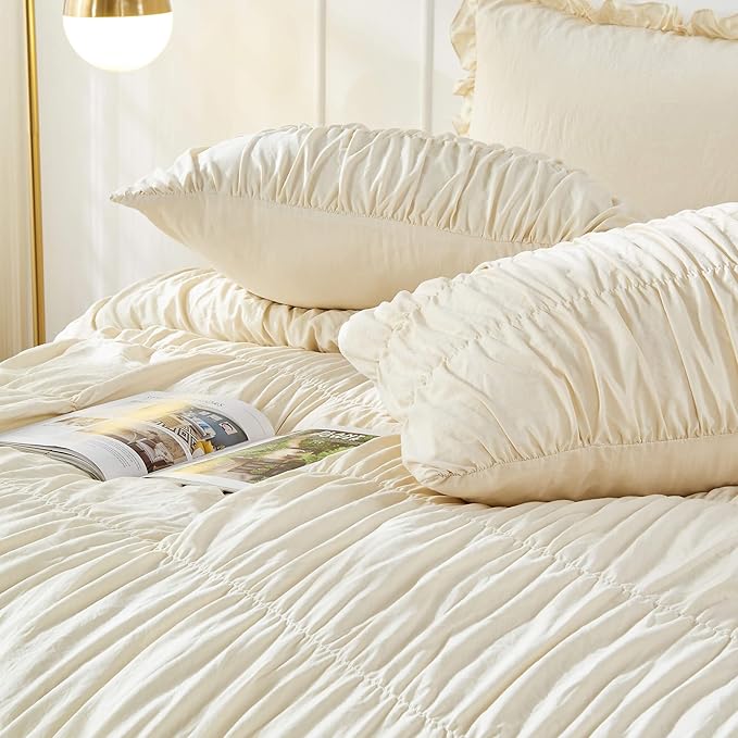 King Size Comforter Set Bedding - Ruched Wheat Comforter King Bed Set Boho Shabby Chic 3 Piece Ruffle Comforter Set with Pillow White Fluffy Soft and Luxury
