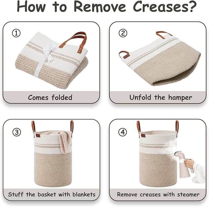 VIPOSCO Tall Laundry Basket, Large Dirty Clothes Hamper with Leather Handle, Woven Rope Storage Basket for Blanket, Toy In Living Room, Bathroom, Bedroom - 72L Brown & White