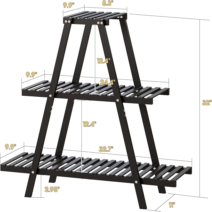Bamboo Plant Stand Indoor/Outdoor, 3-Tier, Black, Rectangular, 8 Potted Flower Holder Ladder Plant Rack