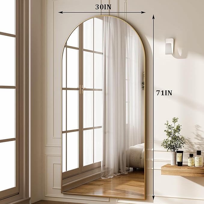 HARRITPURE 71"x30" Arched Full Length Mirror Free Standing Leaning Hanging Mounted Mirrors Aluminum Frame Modern Simple Home Decor for Living Room Bedroom Cloakroom, Gold