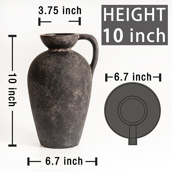 Terracotta Vase with Handle, Black Boho Ceramic Pottery 10inch, Farmhouse Unique Textured Round Jug, Rustic Vintage Decorative Vases for Flowers, Centerpieces, Living Room.
