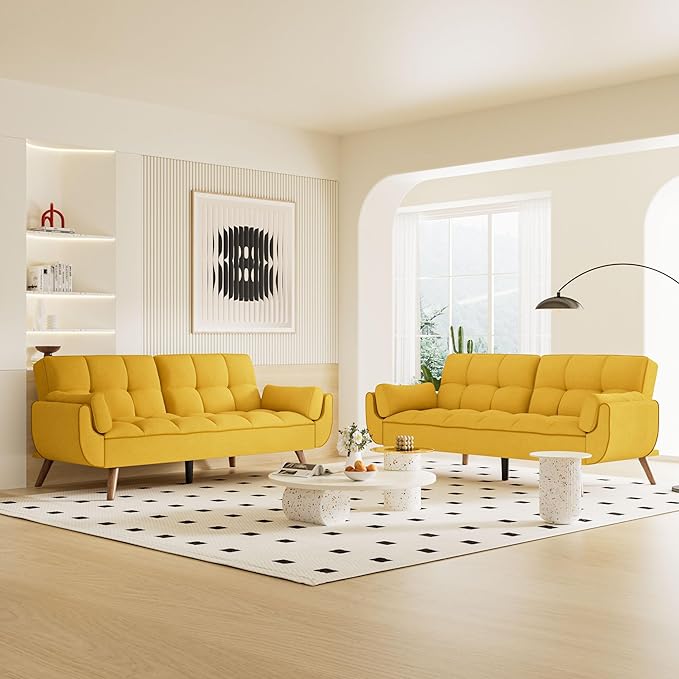 Futon Couch for Small Spaces & Apartment, 2-in-1Modern Comfy Loveseat Convertible Sofa Bed, 75.4-Inch Compact Design for Living Room, Dorms, and Studios-Yellow