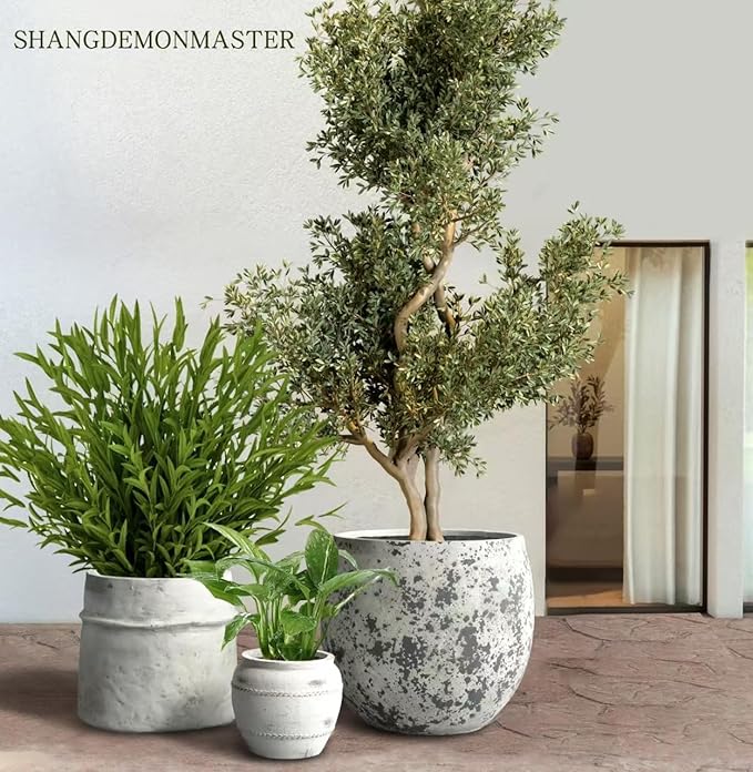 Craft flowerpots 18"+13"+9" Dia Round Concrete Planter Set of 3 Large Outdoor/Indoor Planter Pots Containers with Drainage Holes and Rubber Plug for Home Garden (White, Large)