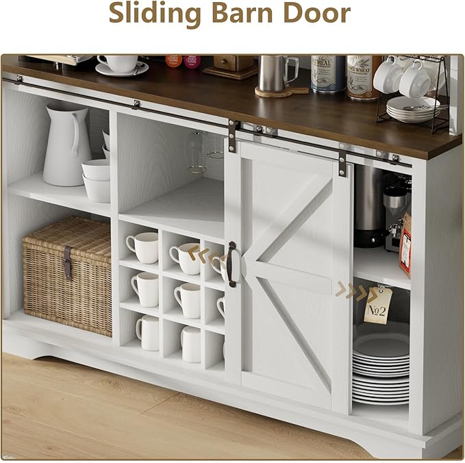 55 Inch Farmhouse Coffee Bar Cabinet with 3-Tier Storage, Kitchen Hutch with 12 Wine Racks & 3 Glass Holders, Coffee Bar with 6 Hooks, Wine Bar Cabinet for Dining Living Room, White